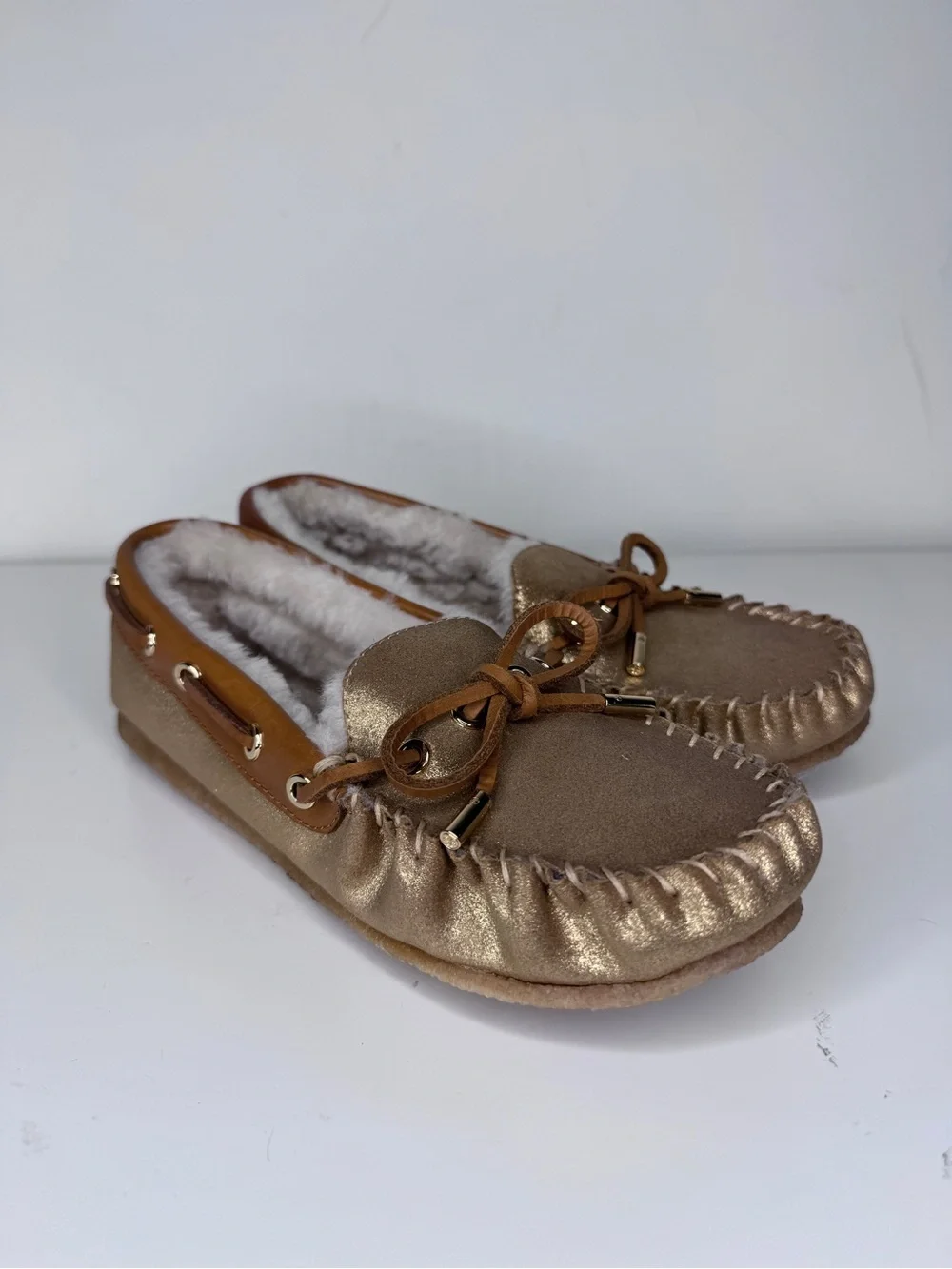Tory Burch Metallic Gold Faux-Fur Lined Moccasins Flats 7